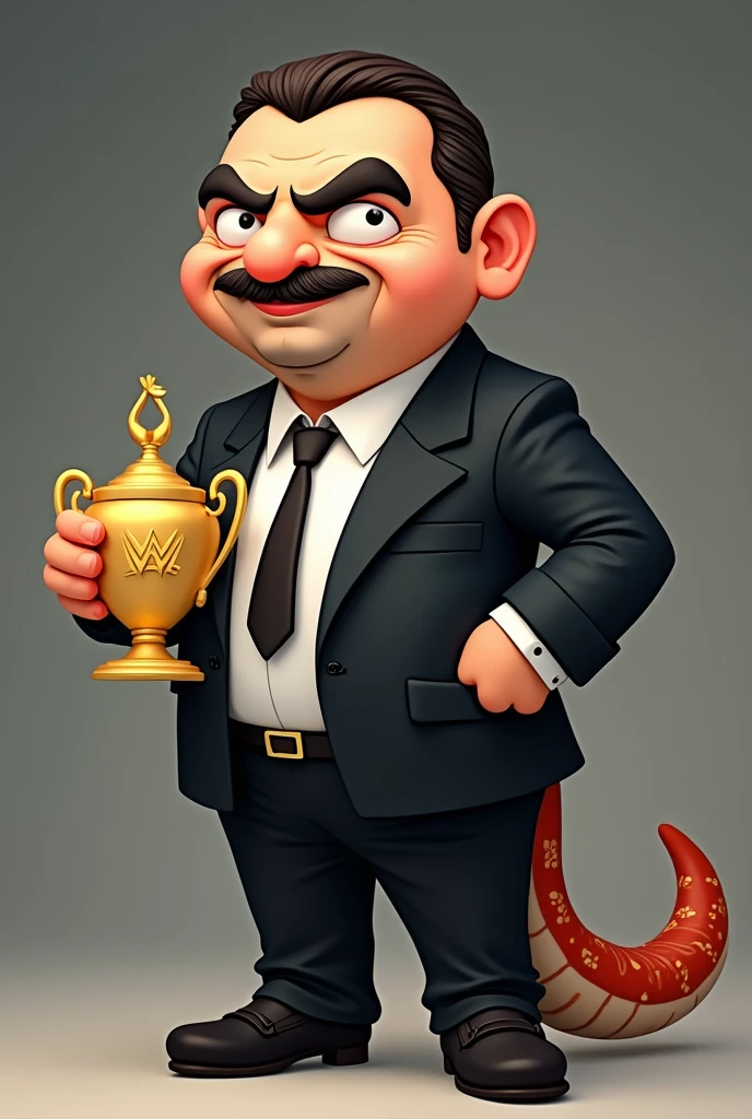 Cartoon boa dressed as WWE wrestling manager Paul Bearer.
Cartoon boa head. Cartoon boa hands. Cartoon boa face. Old looking. Pudgy. Short black mustache. Black goatee.
Short brown crew cut hair. Black suit. White dress shirt. Black tie. Black pants. Black loafers. Holding a gold urn.