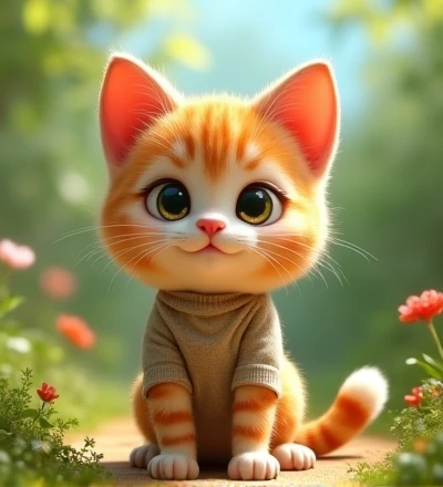 Imagine a lifelike kitty, Its features are humorously exaggerated，Extra large, Wearing cute clothes，Bright eyes and curiosity, Smile. Puppy&#39;s front view,Smiling kitty，Disney style， Capturing Natural Textures, Although its little claws are slightly larger, More lovely. The background is a simple garden, The focus is on natural colors and some greenery, Creat