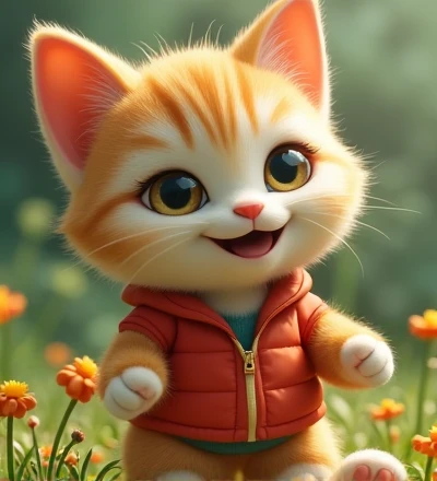 Imagine a lifelike kitty, Its features are humorously exaggerated，Extra large, Wearing cute clothes，Bright eyes and curiosity, Smile. Puppy&#39;s front view,Smiling kitty，Disney style， Capturing Natural Textures, Although its little claws are slightly larger, More lovely. The background is a simple garden, The focus is on natural colors and some greenery, Creat