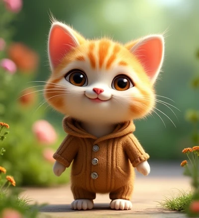 Imagine a lifelike kitty, Its features are humorously exaggerated,Extra large, Wearing cute clothes,Bright eyes and curiosity, Smile. Puppy's front view,Smiling kitty,Disney style, Capturing Natural Textures, Although its little claws are slightly larger, More lovely. The background is a simple garden, The focus is on natural colors and some greenery, Creat