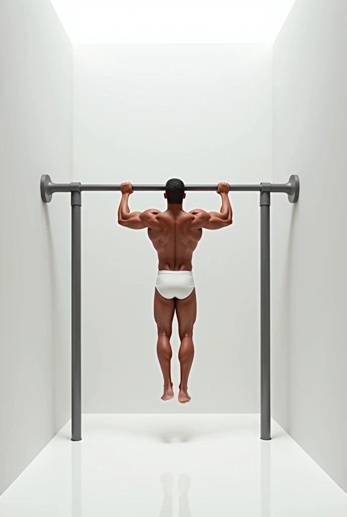 Man doing pull-ups on a bar in white underwear in a square.