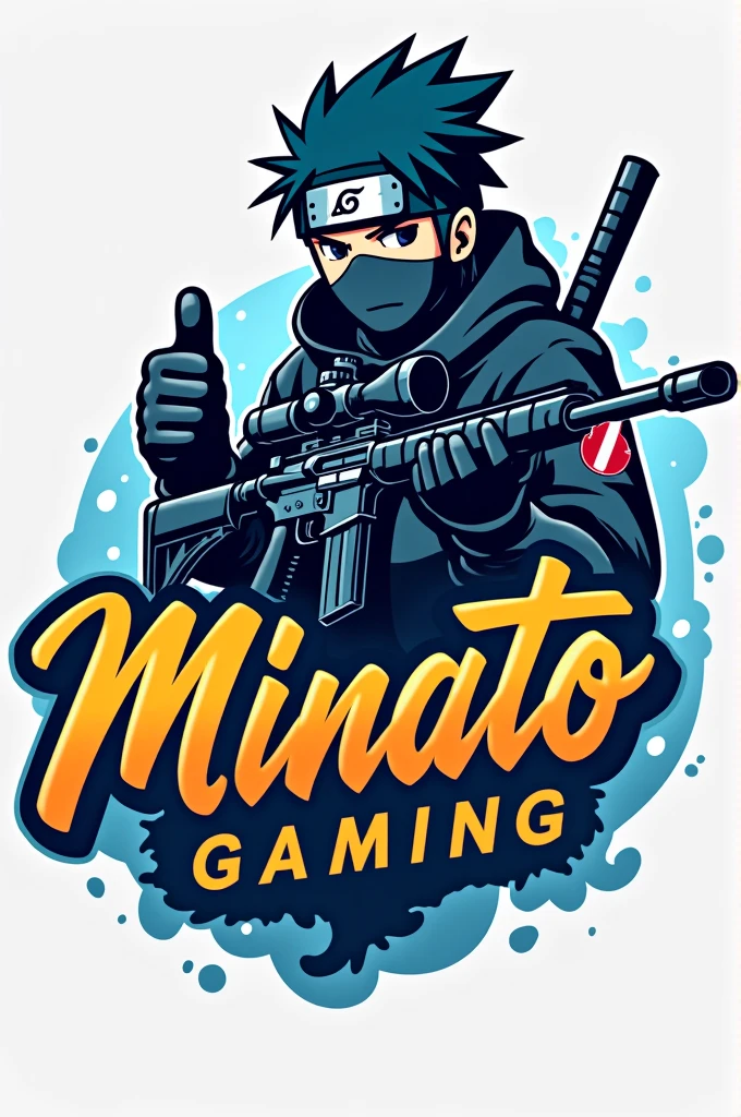 The logo features Minato Namikaze in a dynamic pose, holding an AWM sniper rifle and giving a thumbs up. The text "Minato Gaming" is written in a stylized, cursive font next to him, with a subtle ninja headband incorporated into the design. The color scheme is a mix of blue and orange, evoking a sense of energy and playfulness.
