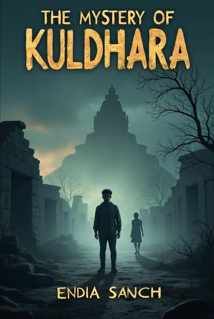 Create a book cover for a suspense thriller titled "कुलधरा का रहस्य". The cover should convey a sense of eerie intrigue and historical mystery.

**Background**:
- Depict the desolate ruins of Kuldhara village at dusk or night.
- Include elements like crumbling stone buildings, a darkened sky with hints of twilight, and an ancient, partially ruined temple.
- The atmosphere should be haunting, with subtle ghostly effects.

**Central Imagery**:
- Feature a lone figure in the foreground representing the protagonist, Aditya Singh. 
- He should appear as a young, adventurous researcher in rugged attire suitable for exploring ancient sites.
- His expression should reflect determination and curiosity.

**Secondary Imagery**:
- Include a silhouette or faint image of Nandini Rathod, a local girl connected to the village’s lore.
- She should appear mysterious and ethereal, hinting at her role in the story.

**Additional Elements**:
- Subtle supernatural elements like faint ghostly figures or spectral forms should be included to emphasize the haunting aspect of the village.

**Title and Author**:
- The title "कुलधरा का रहस्य" should be prominently displayed in a bold, elegant font at the top.
- Use a contrasting color such as gold or white for the title to make it stand out against the dark background.
- Include the author’s name at the bottom in a smaller, complementary font.

**Color Palette**:
- Use a dark, moody color palette with shades of grey, deep blue, and hints of orange or yellow for an eerie light effect.

**Style**:
- Aim for a realistic and atmospheric style, blending historical and supernatural elements.
