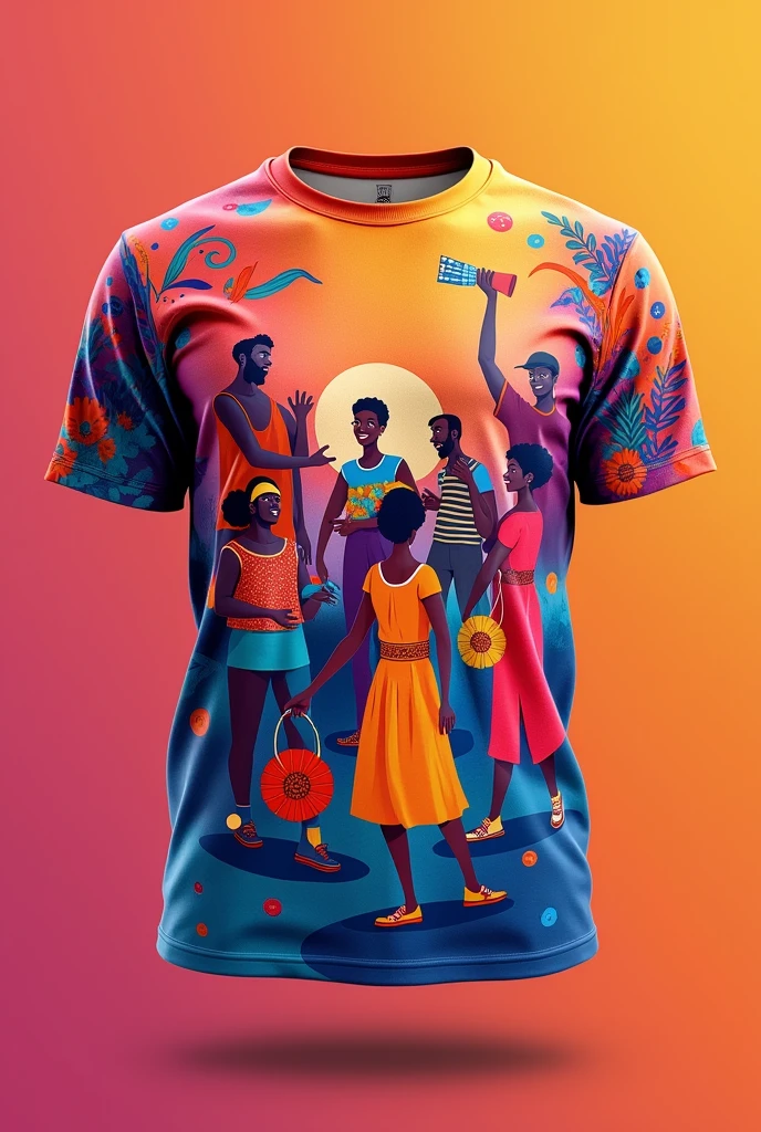 Create a shirt design at cuture and the arts. The hue of the shirt is variation of orange, white and pink