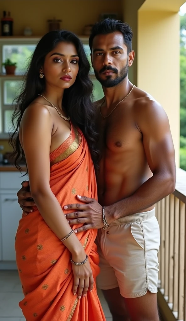 Newly wed indian couple, hot curvy white south indian milf with long hair, big breast, big hip, very big ass, thick thighs, woman wearing tight saree pallu tied in hip, cleavage, indian couple, very short indian black old man with short haircut, skinny body and big moustache, man wearing shorts, woman with man, couple in house balcony, high resolution, couple looking at camera, tall woman and short man, close-up potrait, Closed Mouth, serious face, front full body view, in kitchen, bright lighting, man holding woman hip