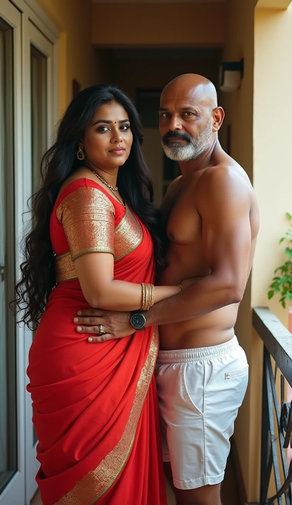Newly wed indian couple, hot curvy white south indian milf with long hair, big breast, big hip, very big ass, thick thighs, woman wearing tight saree pallu tied in hip, cleavage, indian couple, very short indian black old man with short haircut, skinny body and big moustache, man wearing shorts, woman with man, couple in house balcony, high resolution, couple looking at camera, tall woman and short man, close-up potrait, Closed Mouth, serious face, front full body view, in kitchen, bright lighting, man holding woman hip