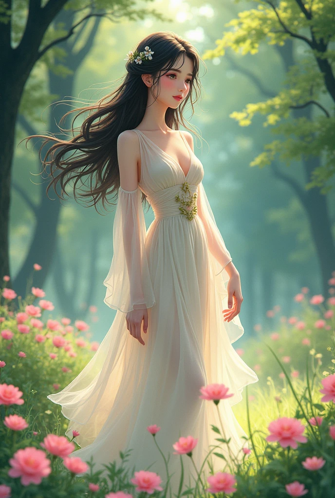beautiful young woman in nature reserve, anime style, arms at sides, pink carnations, art nouveau style, (best quality,4k,8k,highres,masterpiece:1.2),ultra-detailed,(realistic,photorealistic,photo-realistic:1.37),HDR,UHD,studio lighting,ultra-fine painting,sharp focus,physically-based rendering,extreme detail description,professional,vivid colors,bokeh