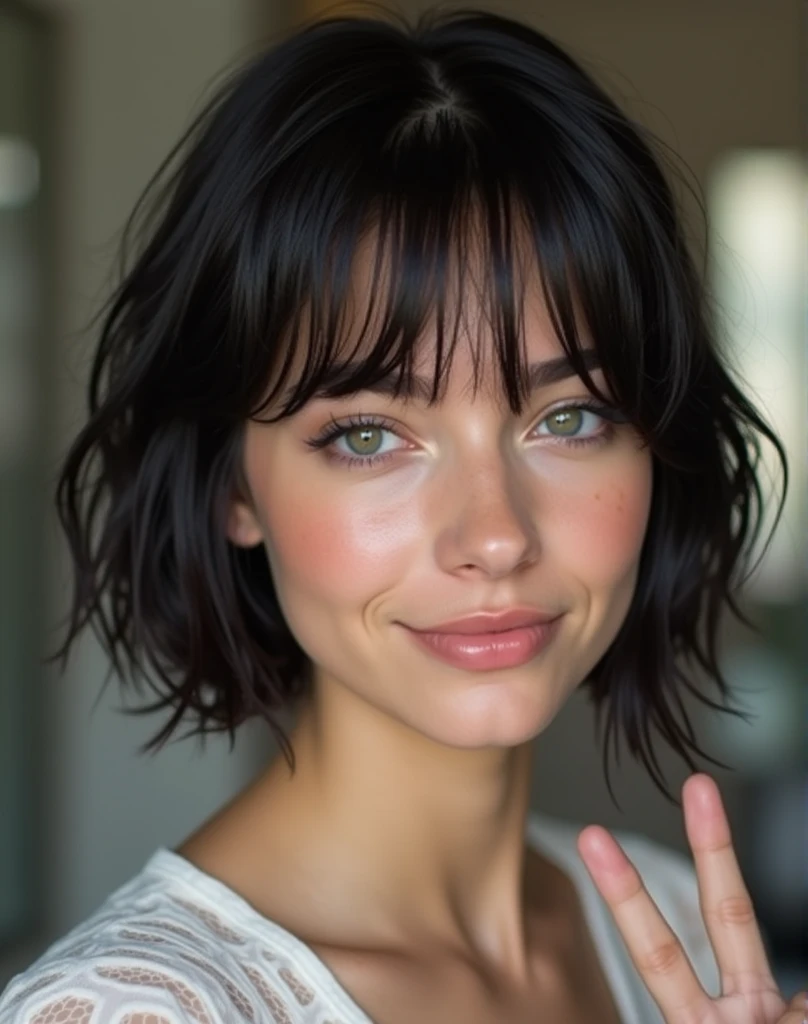 RAW photo, best quality, masterpiece, photorealistic, Polish girl, 20 years old, black hair, short bob cut, hair in 7 thirds, hair over one ear, Symmetrical eyes, solo, Detailed Skin, Detailed face, Big Breasts, rip gloss, blush, Eyes closed, sideways peace sign, smiling, inside a beauty salon, wet hair, close-up of face