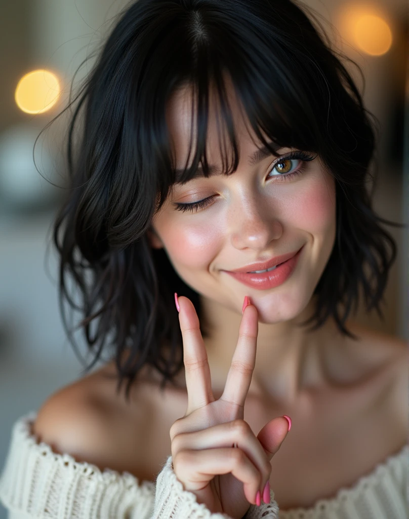 RAW photo, best quality, masterpiece, ((photorealistic)), Polish girl, 20 years old, black hair, Light grey eyes, short bob cut, hair in 7 thirds, hair over one ear, Symmetrical eyes, Detailed Skin, Detailed face, Detailed hands, Big Breasts, rip gloss, Photographed in front of a stylish pastel-colored exterior wall, smiling, eyes closed, peace sign with both hands, upper body, sunny, outdoors, detailed background,