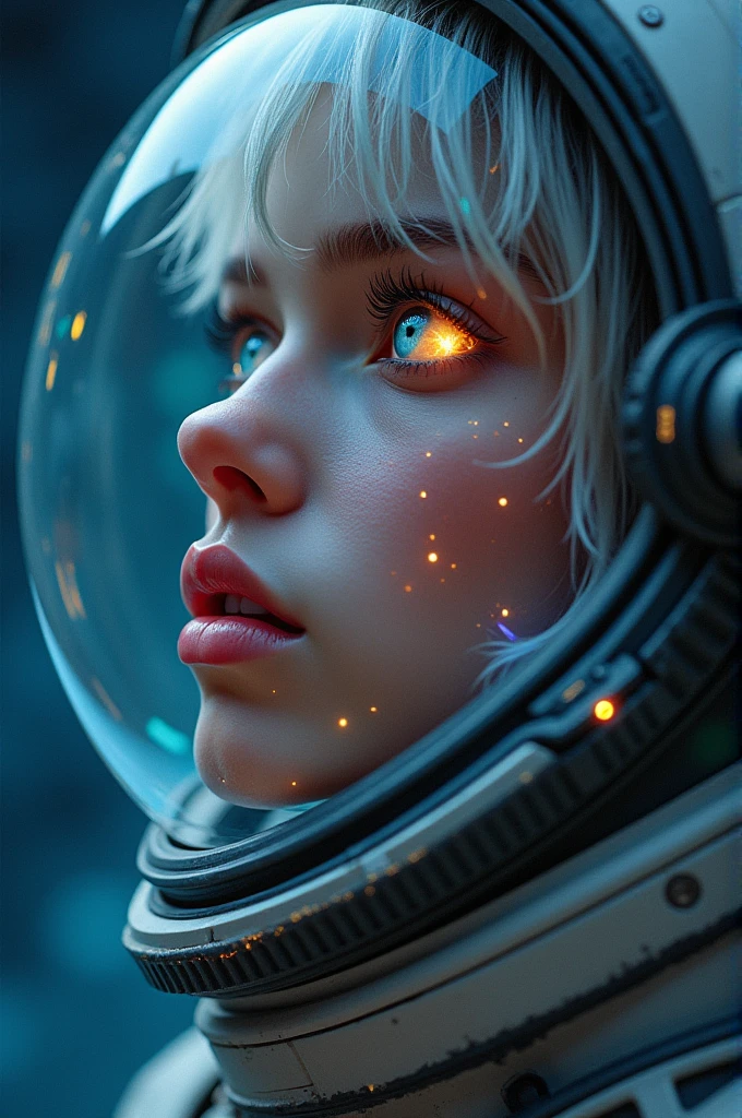 (Close-up of a better masterpiece:1.5)0.9], (Space and astronauts:1.2) (Messy silver hair:1.1) (Heterochromia xanthochromia and blue eyes:1.2) (Space Helmet:1.0) (Colored stars in the eyes:1.0) (A radiant glow:1.1) (thick lips:0.9)