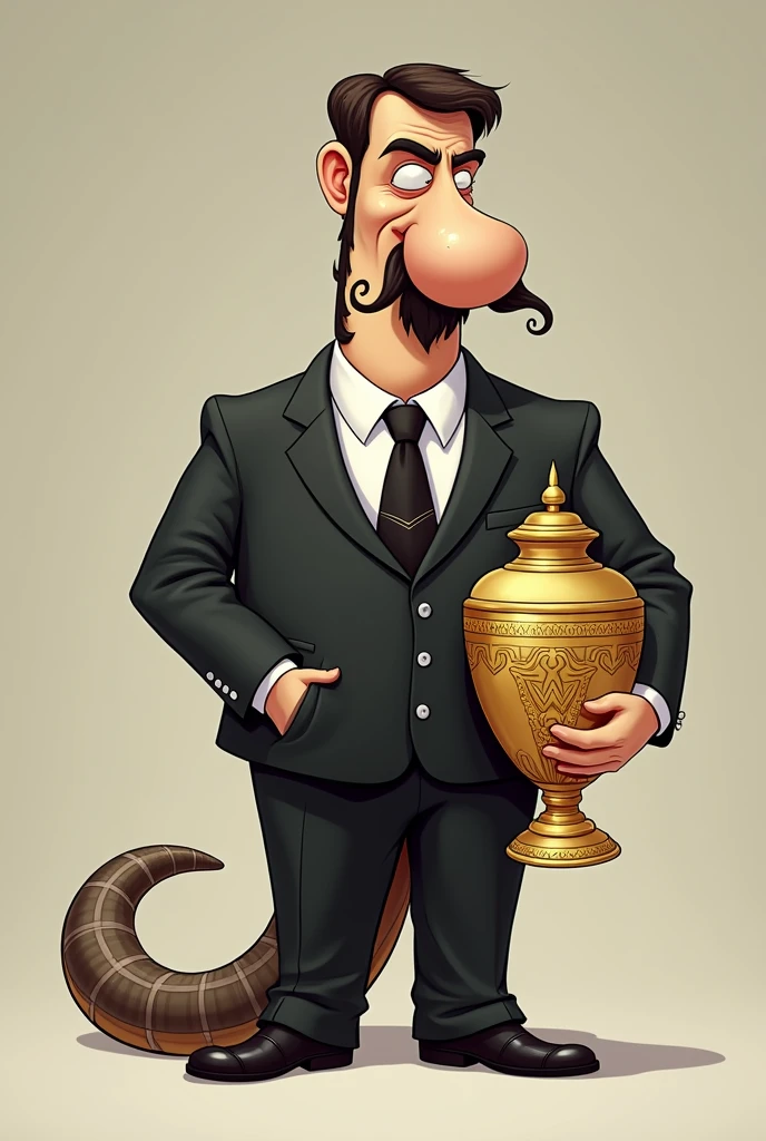 Cartoon boa dressed as WWE wrestling manager Paul Bearer.
Cartoon boa head. Cartoon boa hands. Cartoon boa face. Old looking. Short black mustache. Black goatee.
Short brown crew cut hair. Black suit. White dress shirt. Black tie. Black pants. Black loafers. Holding a gold urn.