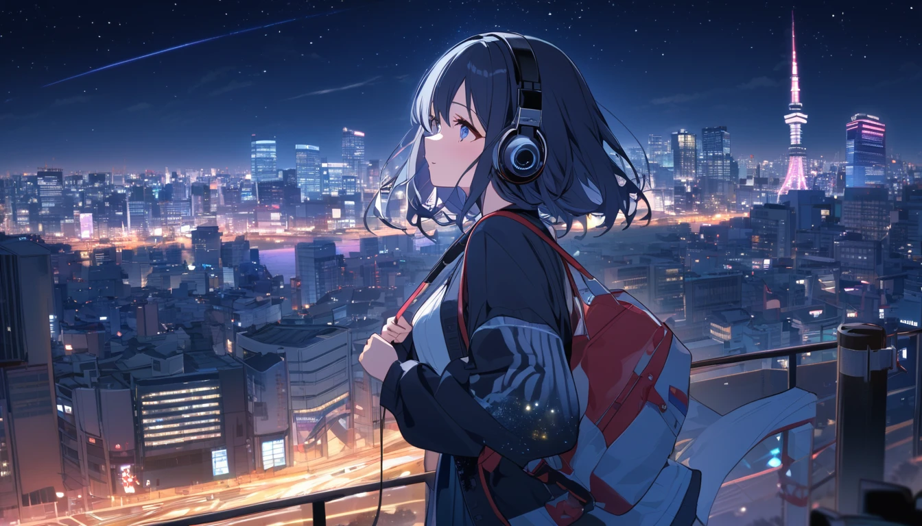 A woman looking at the city of Tokyo,Night starry sky,Streetscape、listen to music、Japanese