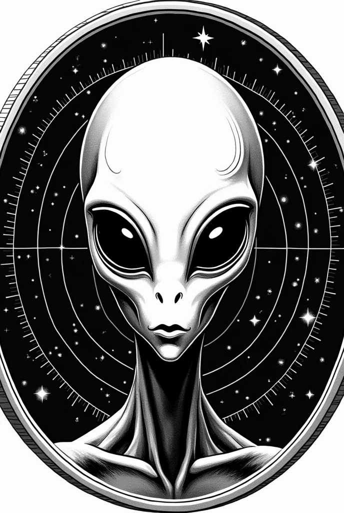 Design a highly detailed, 16k resolution coin featuring the head of an extraterrestrial being at the center. The alien has large, almond-shaped eyes, a smooth elongated skull, and defined facial features, all illustrated in high contrast black and white. The background of the coin, behind the alien’s head, should display a detailed map of the galaxy, with stars and nebulae clearly visible. The design should have a strong contrast between the black and white elements, with no distortions, ensuring all lines are crisp and clear