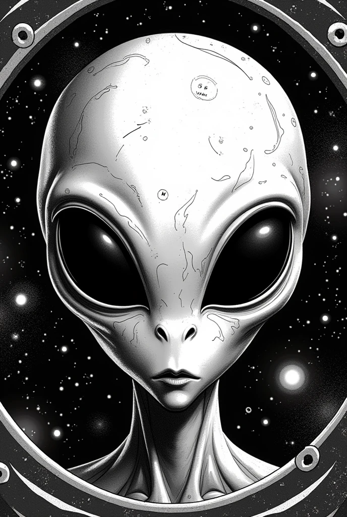 Design a highly detailed, 16k resolution coin featuring the head of an extraterrestrial being at the center. The alien has large, almond-shaped eyes, a smooth elongated skull, and defined facial features, all illustrated in high contrast black and white. The background of the coin, behind the alien’s head, should display a detailed map of the galaxy, with stars and nebulae clearly visible. The design should have a strong contrast between the black and white elements, with no distortions, ensuring all lines are crisp and clear