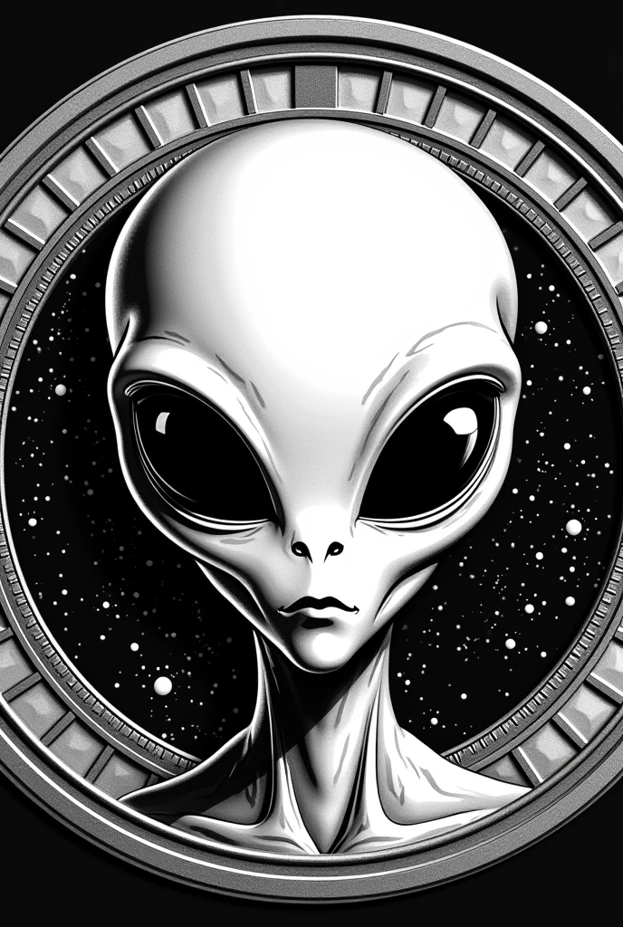 Design a highly detailed, 16k resolution coin featuring the head of an extraterrestrial being at the center. The alien has large, almond-shaped eyes, a smooth elongated skull, and defined facial features, all illustrated in high contrast black and white. The background of the coin, behind the alien’s head, should display a detailed map of the galaxy, with stars and nebulae clearly visible. The design should have a strong contrast between the black and white elements, with no distortions, ensuring all lines are crisp and clear