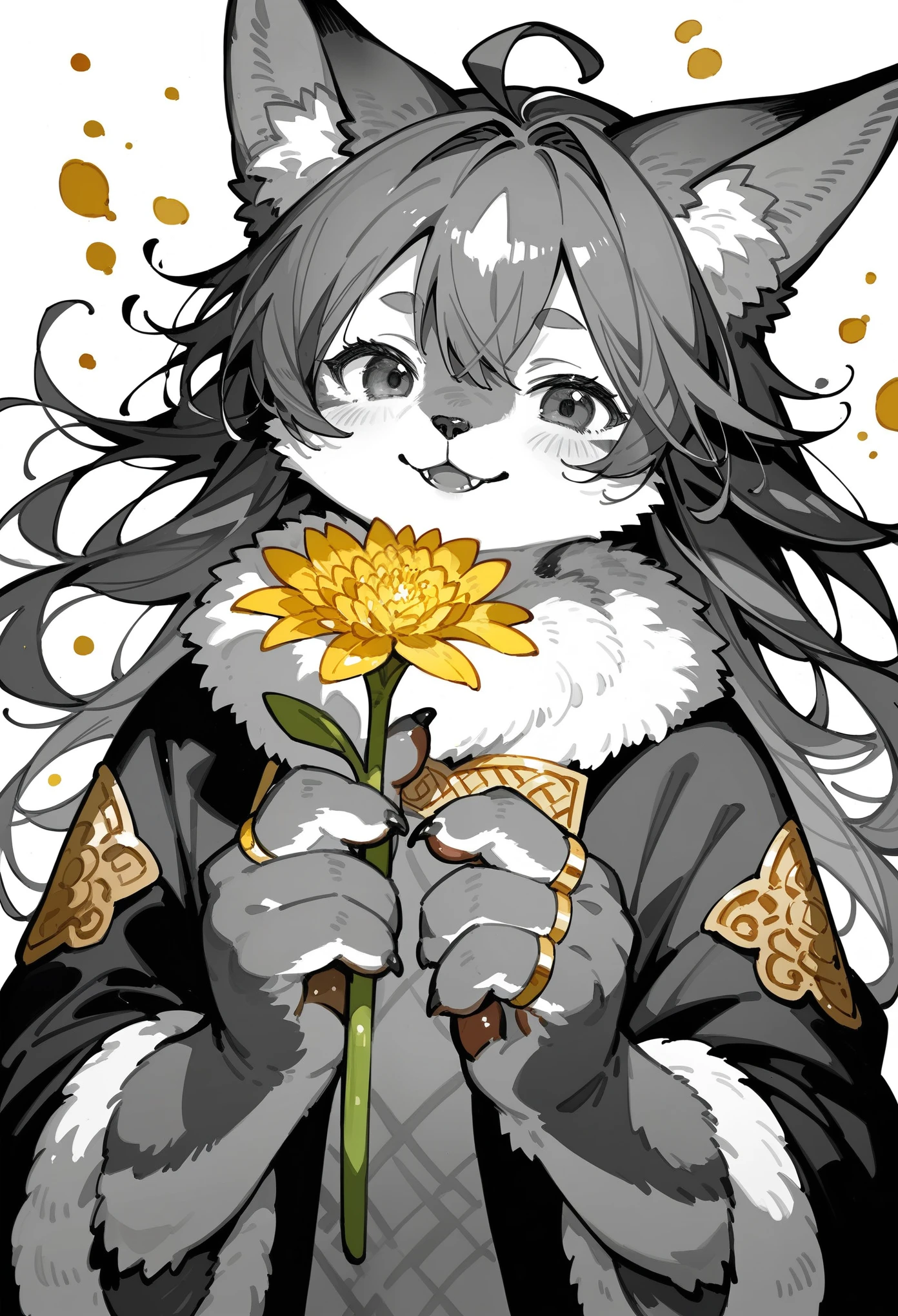 (furry art, uploaded on e621)monochrome, watercolor, highres, top quality, best quality, paid reward available, High-quality illustrations by Alphonse Mucha, unparalleled masterpiece, perfect artwork, absurdres, 1girl, kemono, furry, detailed body fur, animal face, animal hand, Archaic Smile, holding a cluster of gold flower in both hands, which are positioned at chest level, She is wearing a simple ring on the ring finger of her left hand, unfocused spread of gold flower, fan-created work shared on platforms Pixiv or , Watercolor elements that seem to shift through time,