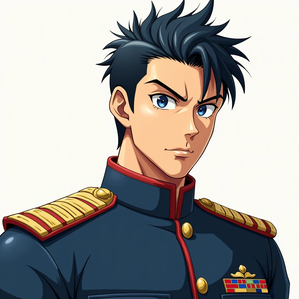 Anime Style, Character portrait,male,blue eyes, muscle,Handsome military man with black hair, Japanese