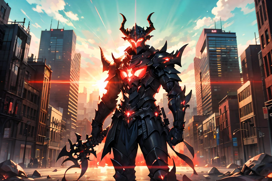 masterpiece, best quality, monster, black armor, helmet with horns, red glowing, standing, outdoors, futuristic cityscape, morning, blue sky, lens flare, cowboy shot