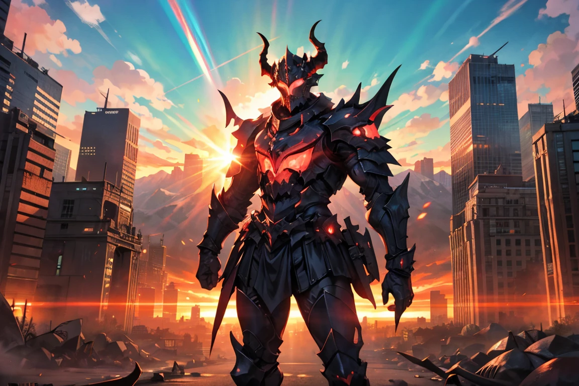 masterpiece, best quality, monster, black armor, helmet with horns, red glowing, standing, outdoors, futuristic cityscape, morning, blue sky, lens flare, cowboy shot