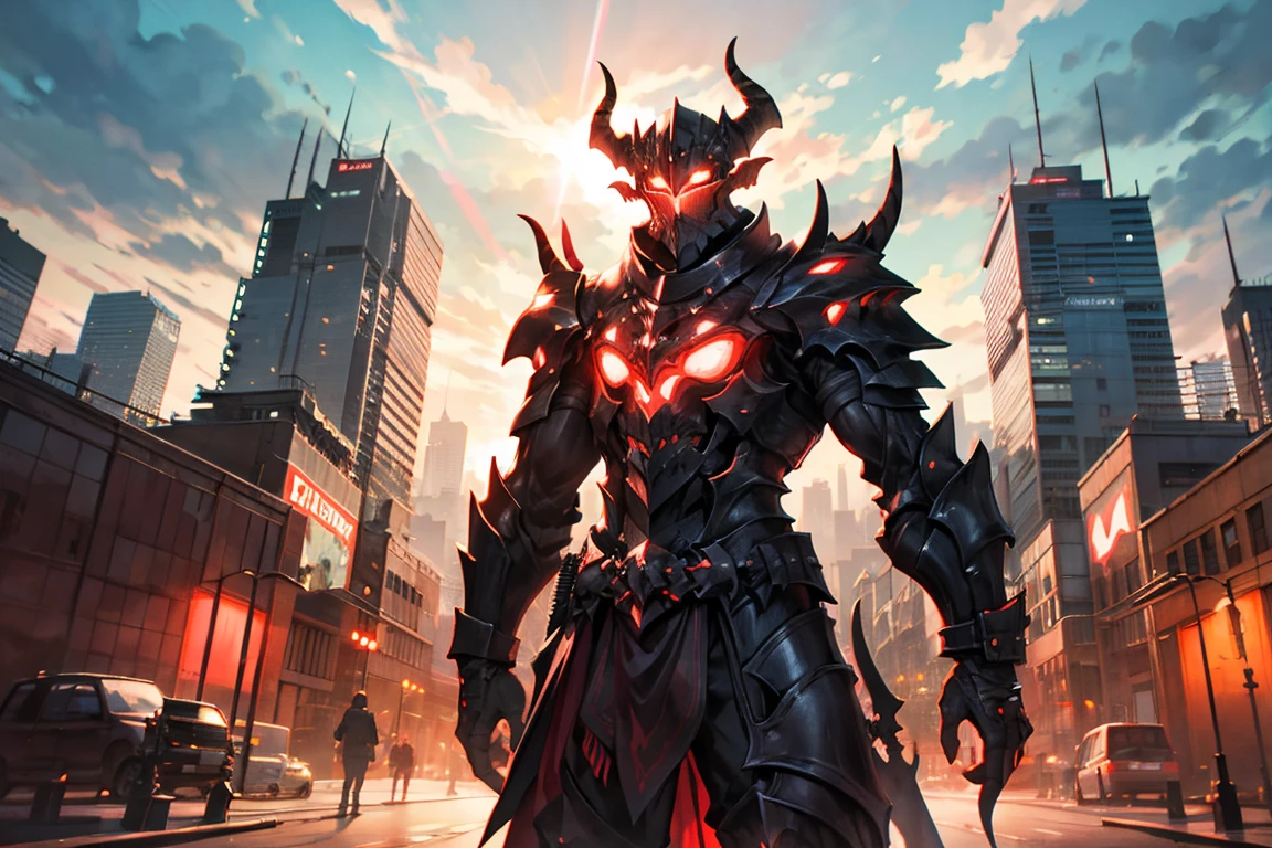 masterpiece, best quality, monster, black armor, helmet with horns, red glowing, standing, outdoors, futuristic cityscape, morning, blue sky, lens flare, cowboy shot