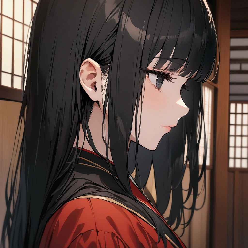 (female): solo, (perfect face), (detailed outfit), (30 years old), plain expression, black hair, straight hair, black eyes, (face close up), red yukata under black robe, indoor, japanese house , (masterpiece), (best quality), (sharp focus), (depth of field), (high res)