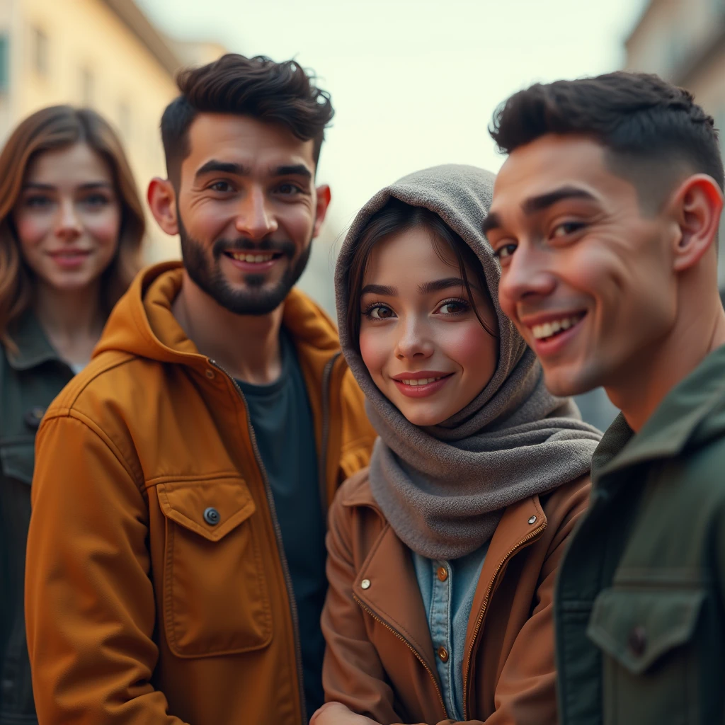 ((3 man wear jacket sitting), (2 hijabbed woman sitting), (1 hijabless teenage girl sitting)), casual fashion, happy expression, white skin people, indoor, extreme detail, masterpiece, 4k, adult 3D character, proportional, cinematic lighting