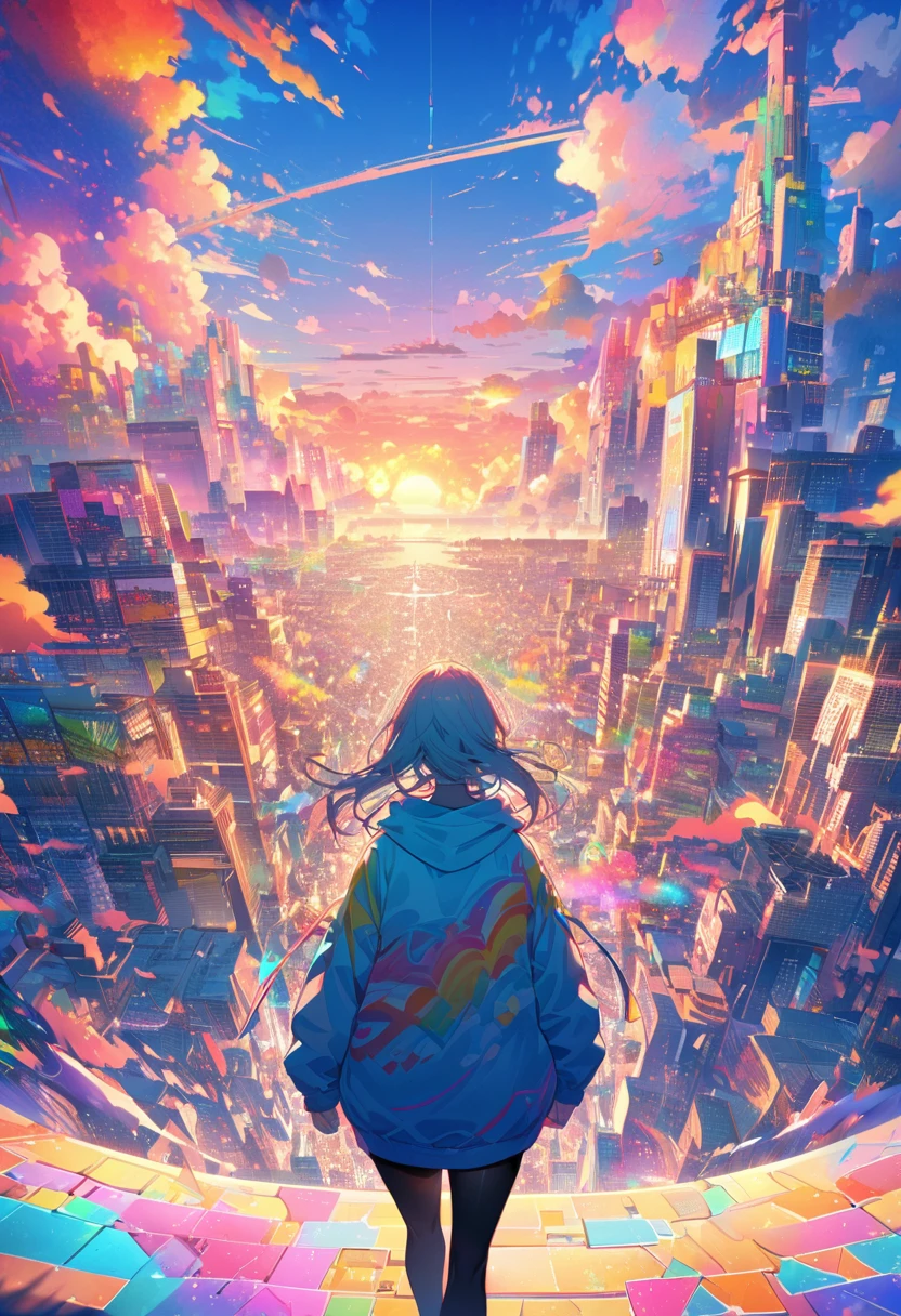 angelic, detailed woman who is walking, woman wearing hoodie, highest billding in city, road, sunrise, horizon, skyline, in the sky, city of clouds, colorful, high-res, 8K