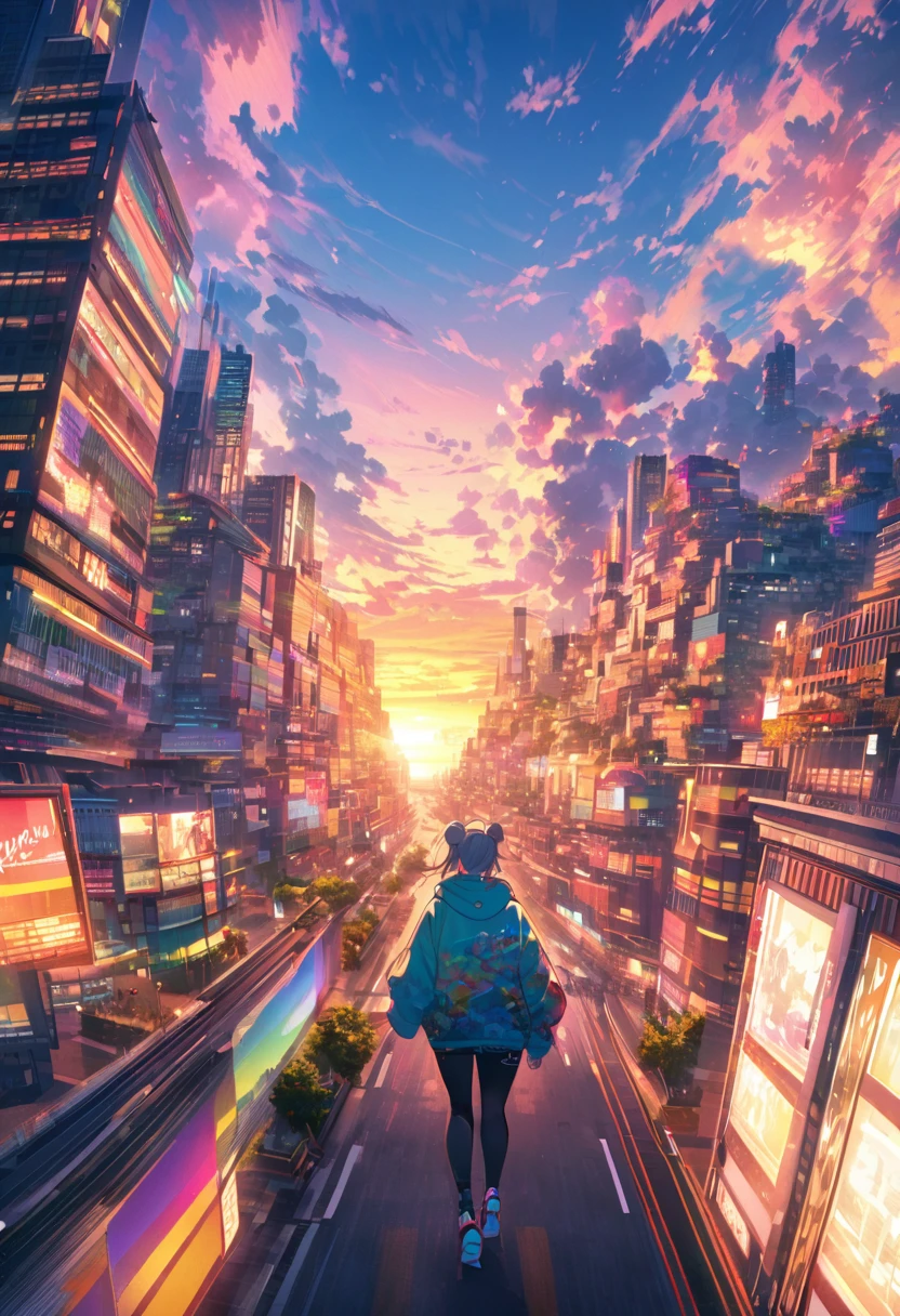 angelic, detailed woman who is walking, woman wearing hoodie, highest billding in city, road, sunrise, horizon, skyline, in the sky, city of clouds, colorful, high-res, 8K
