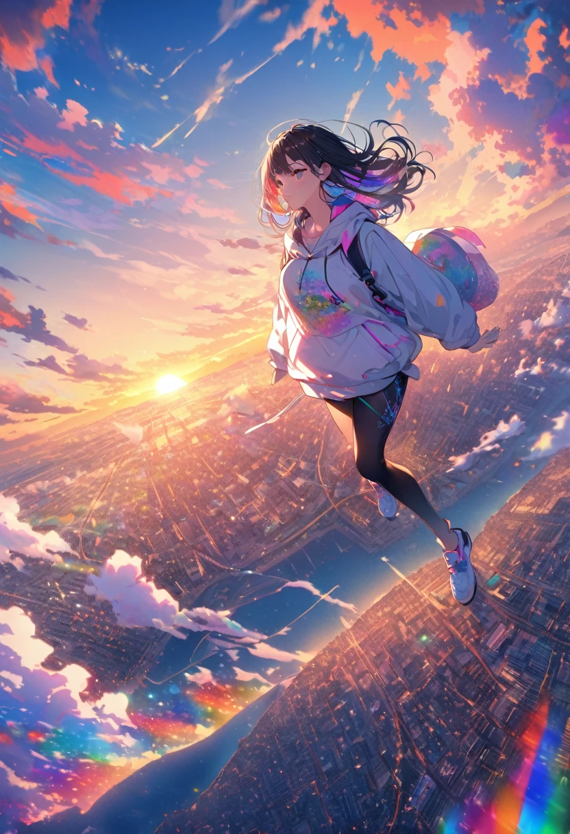 angelic, detailed woman who is walking, woman wearing hoodie, highest billding in city, road, sunrise, horizon, skyline, in the sky, city of clouds, colorful, high-res, 8K