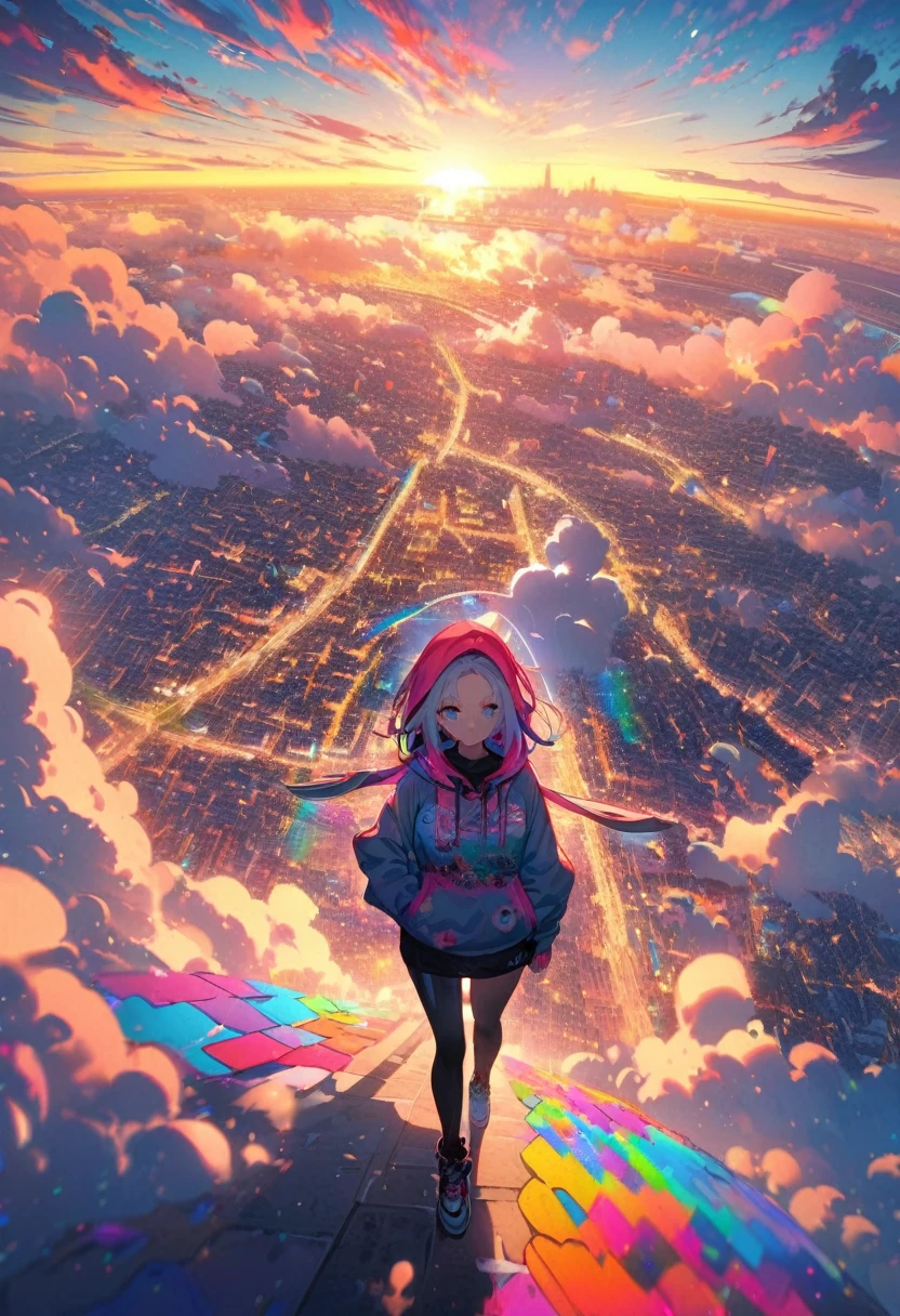 angelic, detailed woman who is walking, woman wearing hoodie, highest billding in city, road, sunrise, horizon, skyline, in the sky, city of clouds, colorful, high-res, 8K