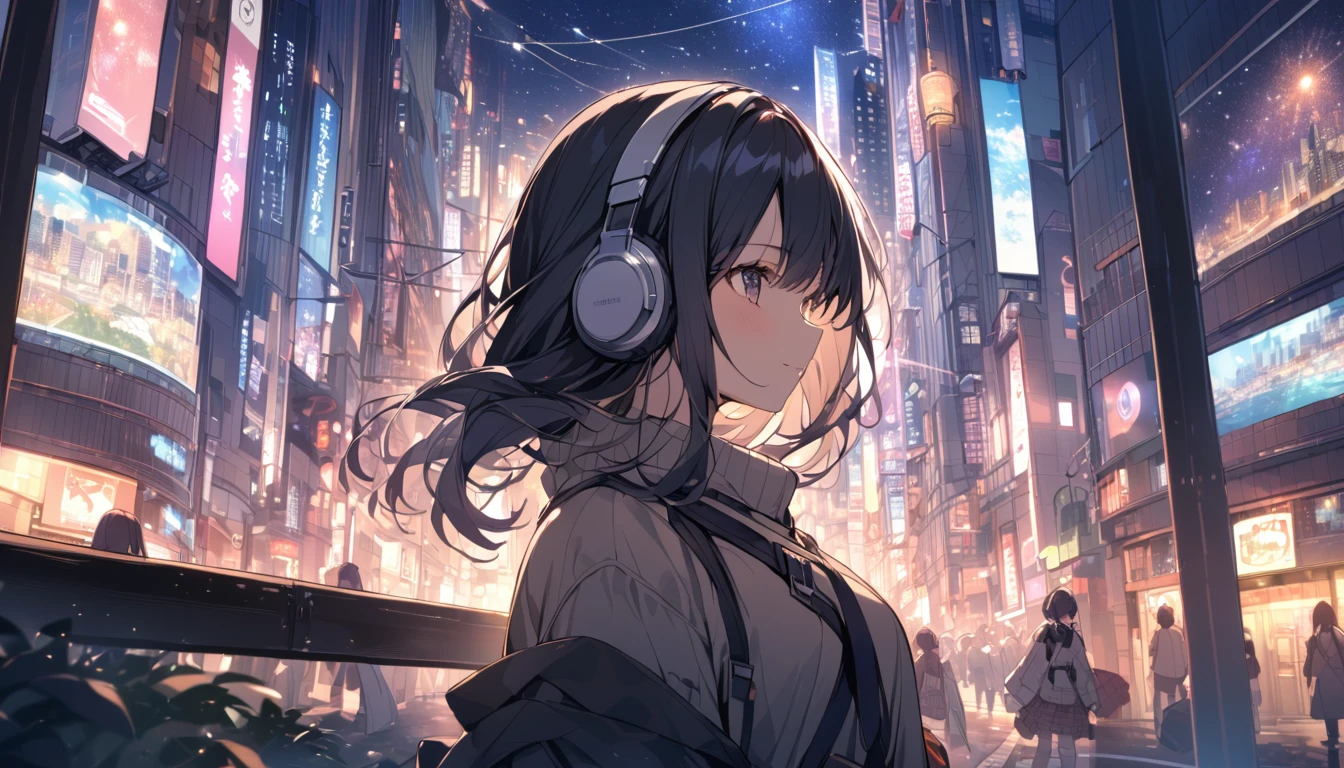 A woman looking at the city of Tokyo,Night starry sky,Streetscape、listen to music、Japanese