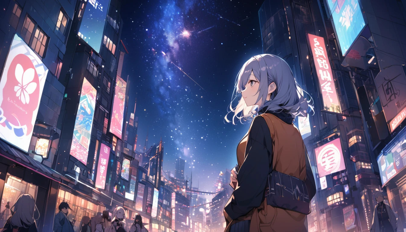 A woman looking at the city of Tokyo,Night starry sky,Streetscape、listen to music、Japanese