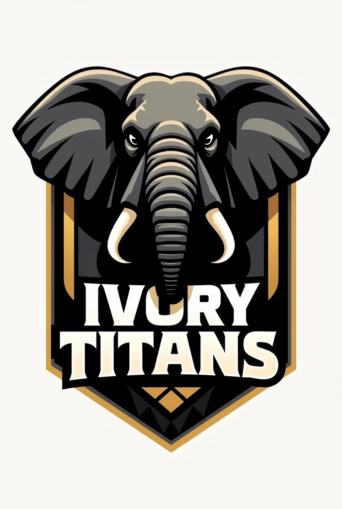 Create a photo of the logos for a sports team named ivory titans with a black gold and white color scheme with ivory titans written below it with an elephant head in it 


