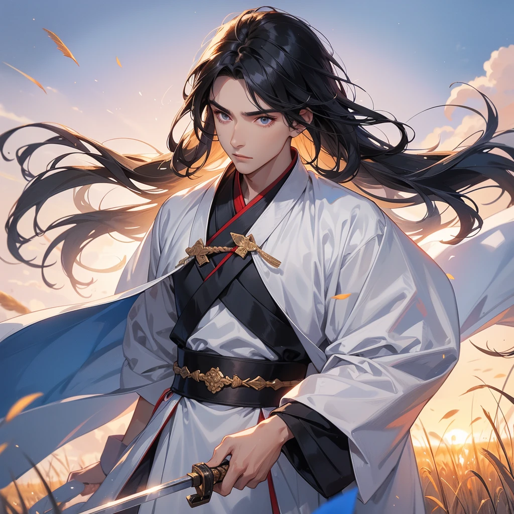Handsome black-haired male general holding a large sword in white Chinese hanfu , Standing in the middle of wheat field, sunset, close up. behind which are mountains, there are low clouds floating in the blue sky.