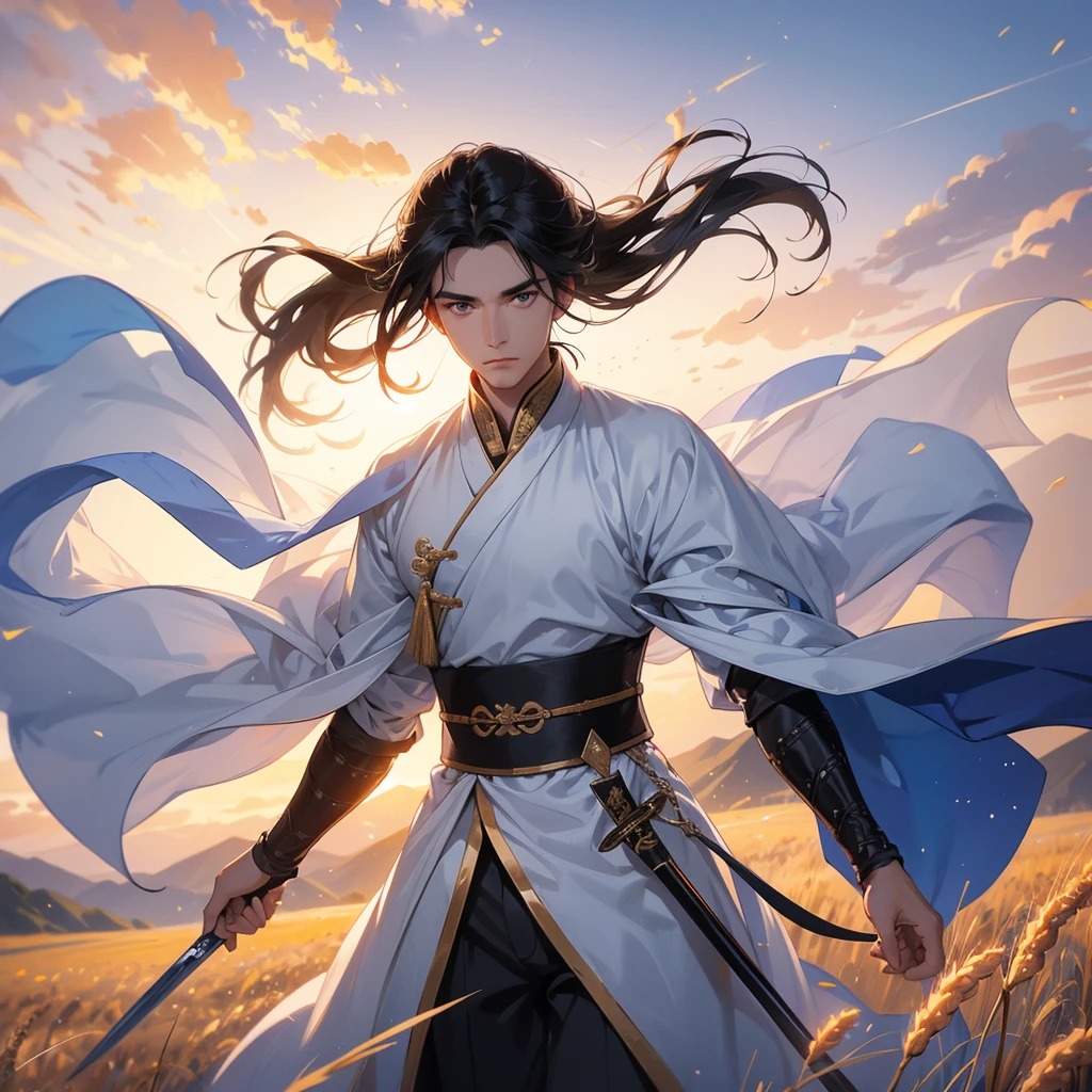 Handsome black-haired male general holding a large sword in white Chinese hanfu , Standing in the middle of wheat field, sunset, close up. behind which are mountains, there are low clouds floating in the blue sky.