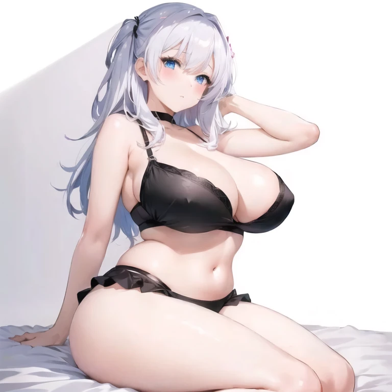 Anime女の子 in black bikini sitting on bed with her hand on her head, Seductive blue eyes,Anime, Perfect white hair girl, , On pixivトップ評価, attractive Anime, Kantai Collection Style, 美しく魅力的なAnime女性, Anime Best Girl, tits, tits proportions, On pixiv, thick, (Anime)