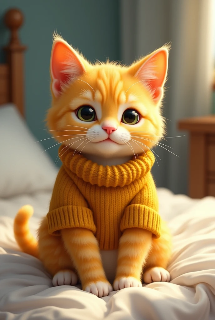 Yellow cat is sitting on bed with wearing clothes 
