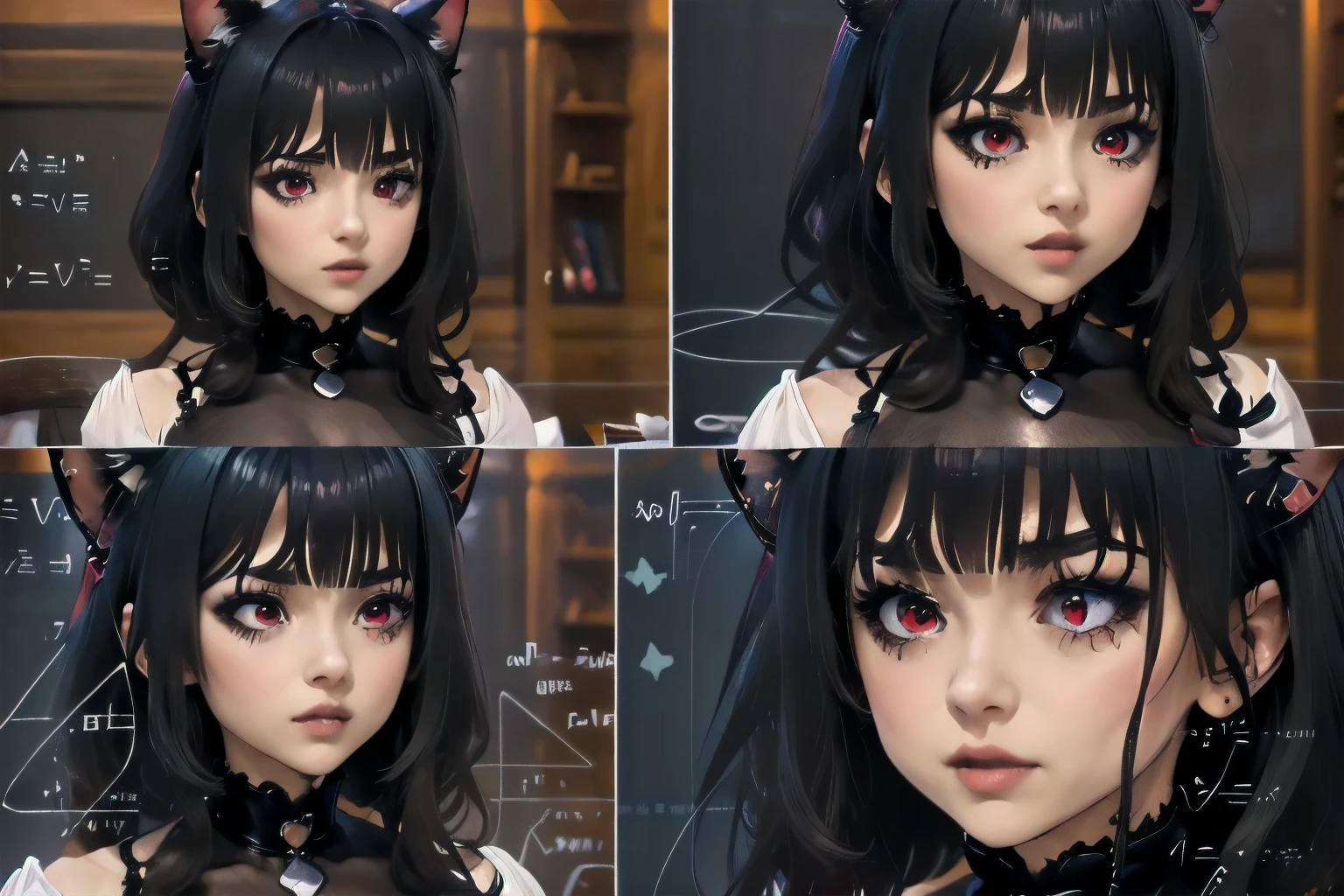 Highly detailed, High Quality, Masterpiece, beautiful, 1girl junkotvv, black hair, red eyes, cat ears, MathLadyMeme, Black_outfit,