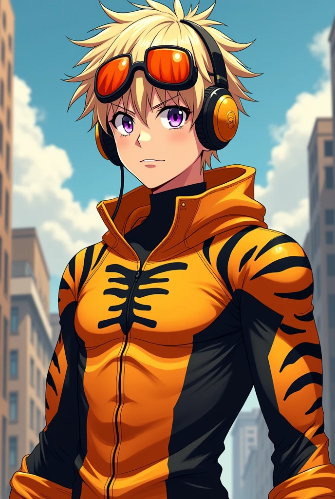 Draw in 2D anime style, A boy, that is husbando, that has ash blonde hair, that has violet eyes, has headphones, dressed in comic book hero clothes with a tiger look, Boku no Hero Academia hero costume, Boku no hero academia style, that his orange suit has black stripes, that looks like a heroic pose, have a confident smile, that has a hero helmet with orange glasses, that has messy hair, that has short hair, Make it look more manly, adult, serious