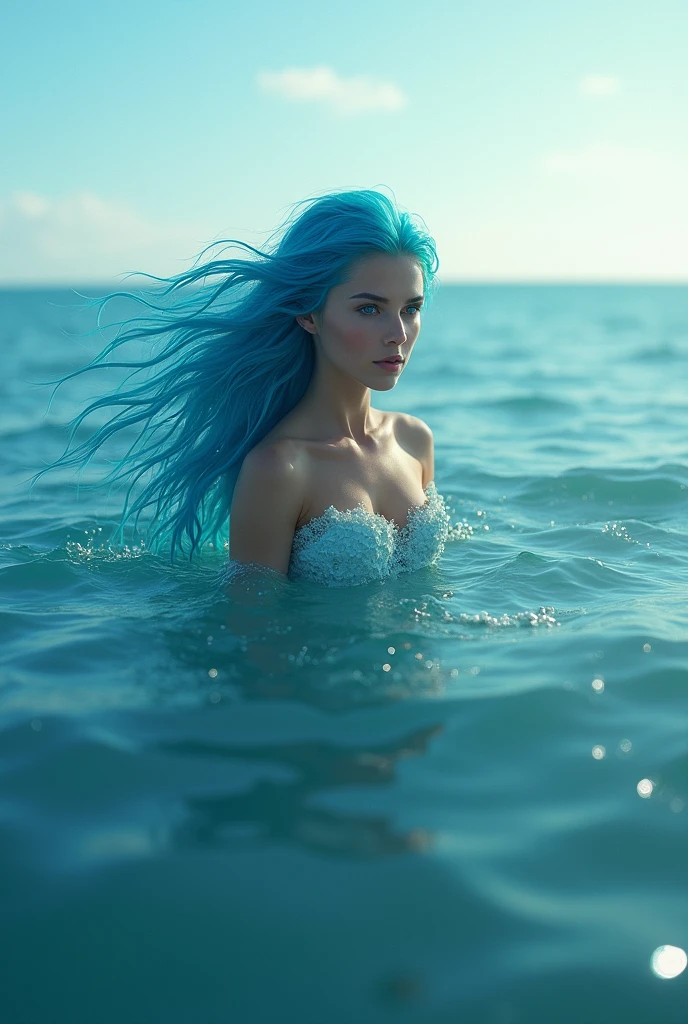 sea background, with,blue would be with long wavy hair and light brown