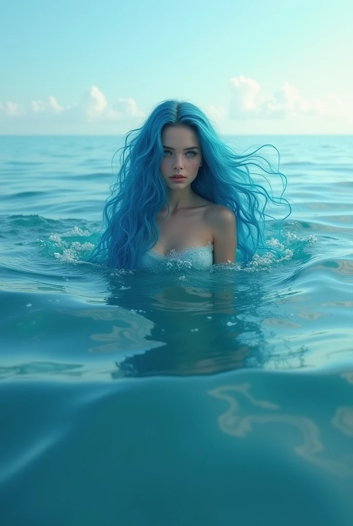 sea background, with,blue would be with long wavy hair and light brown