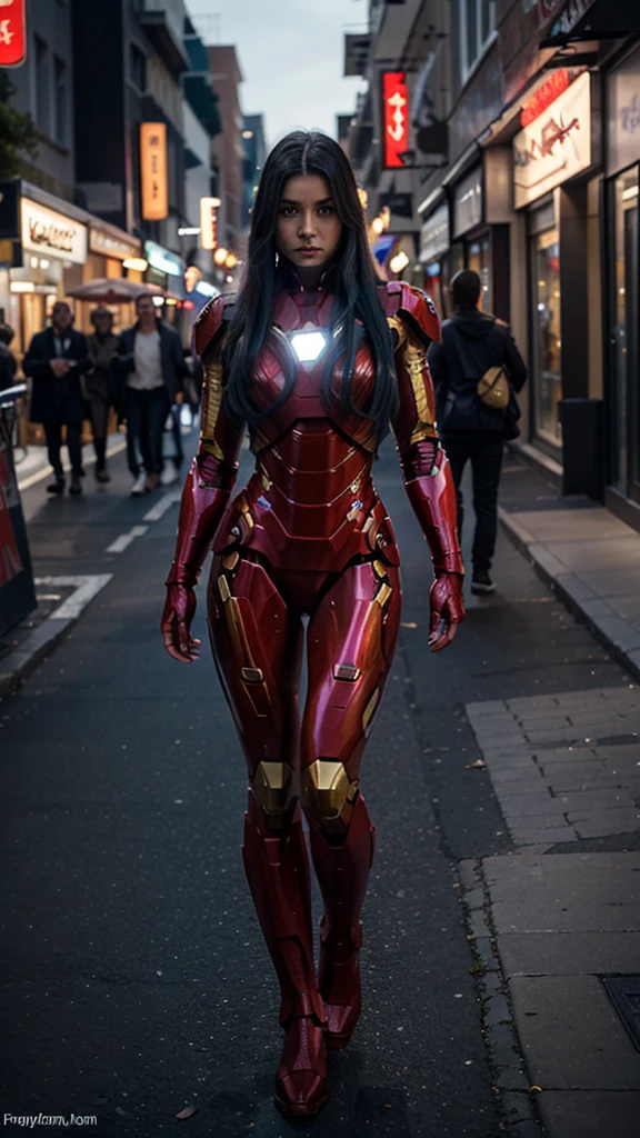 Create a beautiful woman with long straight blue hair and dark and light eyes with iron man skin walking and looking in the city in dark fantasy world 