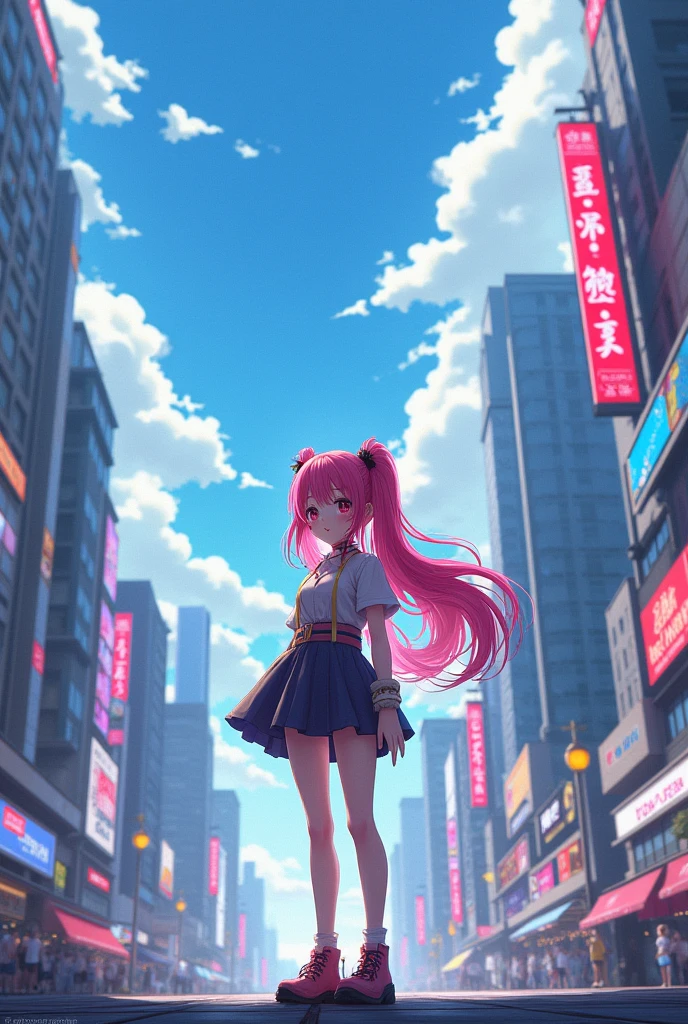 Anime girl in a city with an urban landscape background