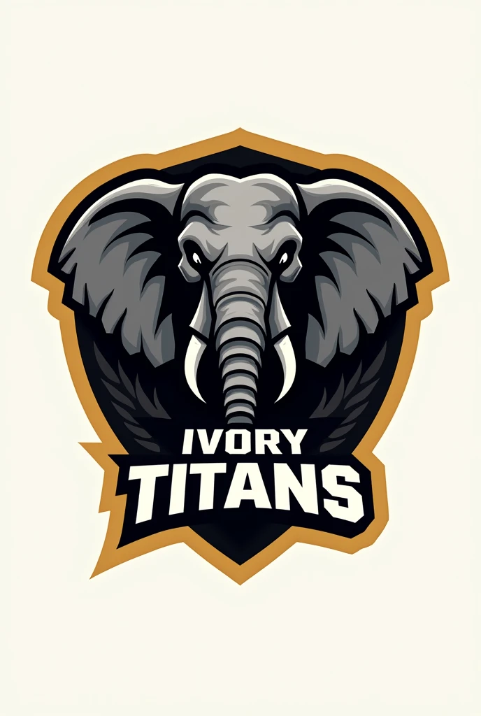 Create a photo of the logos for a sports team named ivory titans with a black gold and white color scheme with ivory titans written below it with an elephant head in it