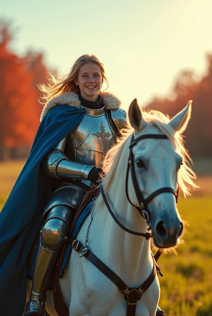Please generate a beautiful 15 year old boy with blonde hair, blue eyes and a beautiful smile and shoulder length white hair. He is medium height, lean and wears blue and silver armor with stars on it. He has a sword on his back and a fur coat on, and he rides on a beautiful white horse towards across a grass field. Weather is sunny and there is a red forest in the background. Captured as a cinematic film still, shot on a V-Raptor XL, the scene is enhanced with film grain, vignette, color grading, and post-processing. The cinematic lighting and 35mm film quality create an atmospheric, epic, and stunning masterpiece, full of dramatic flair.