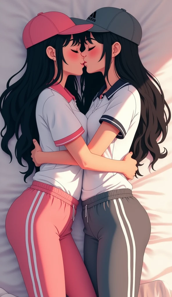 Two girls long black hairs, yuri
The first girl wear a white adidas polo shirt pink shirt collar pink sleeves, pink cap, pink adidas sweatpants with three white stripes, black underpants, medium white socks.
The second girl wore a white adidas polo shirt grey shirt collar grey sleeves, grey cap, grey adidas sweatpants with three white stripes, black underpants, medium white socks.
The hem of their adidas polo shirts was tucked into their sweatpants.
french kiss, lesbian kiss, hugging, sensual body, closed eyes, lying on the bed, novel cartoon, 4K, HD