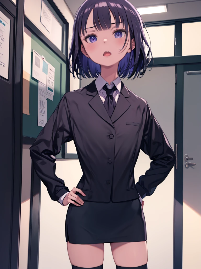 One person, raiden mei, alone, office lady, Collared shirt, White shirt, Pencil Skirt, Black knee socks, Glare, View your viewers, Cowboy Shot, Hands on hips, office, indoor, Depth of written boundary, Conceit, Open your mouth, masterpiece
