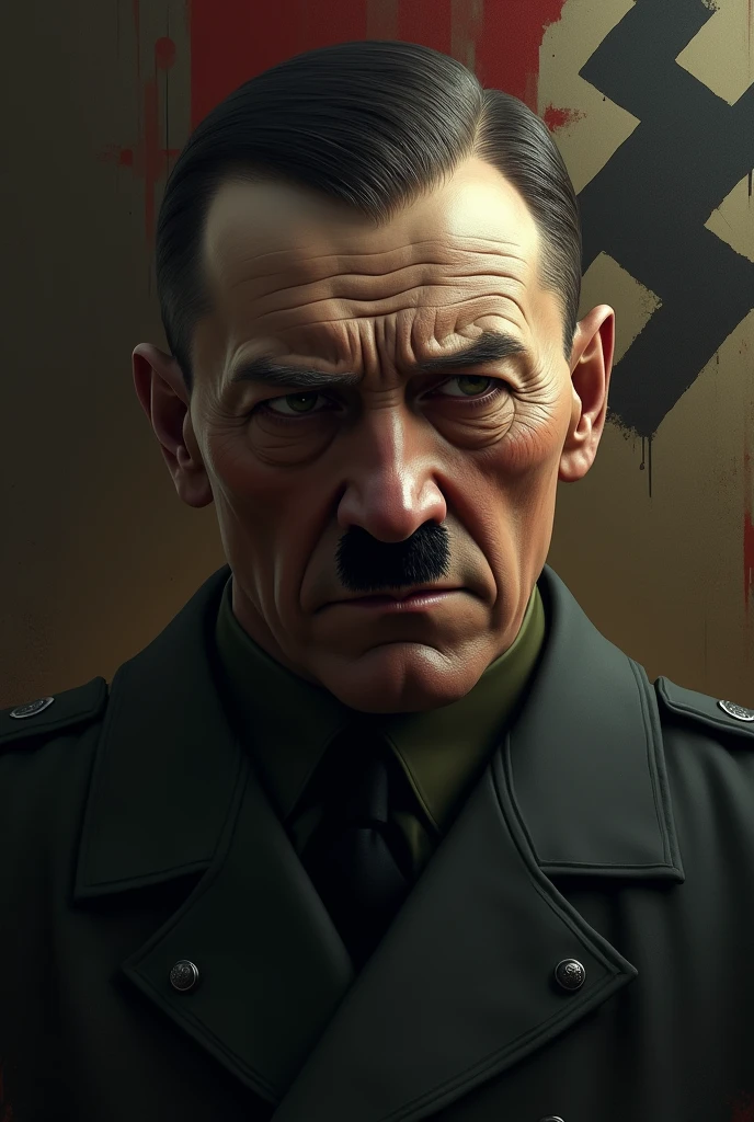 Create a close-up, detailed, ultra-realistic portrait of Adolf Hitler, with a cold and calculating expression. In the background, show Nazi symbols and a dark, imposing atmosphere, symbolizing the terror he unleashed.