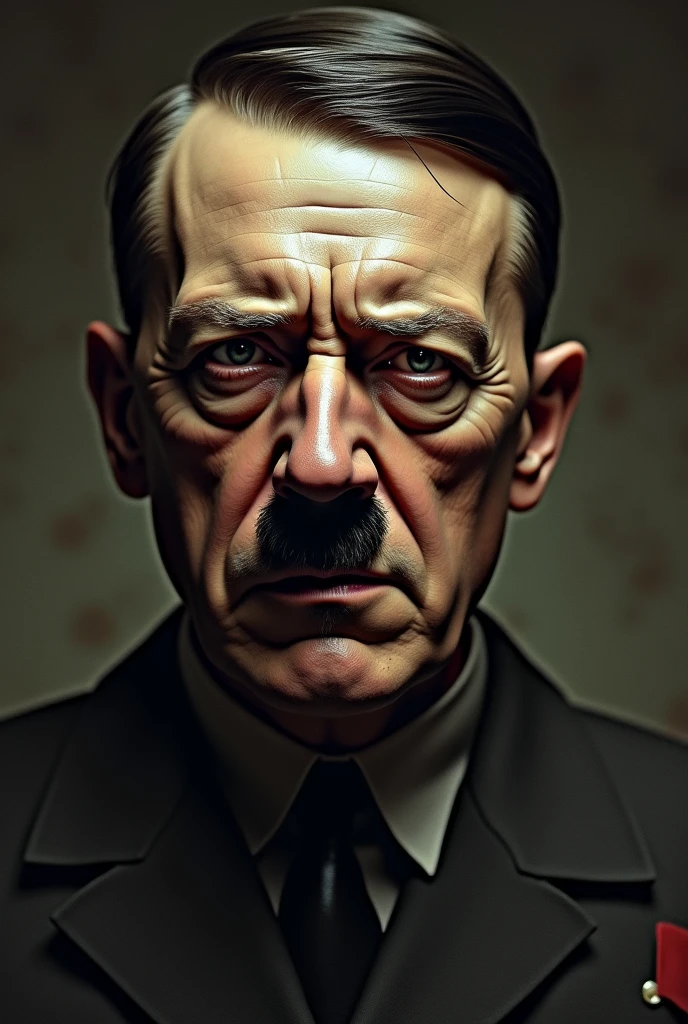 Create a close-up, detailed, ultra-realistic portrait of Adolf Hitler, with a cold and calculating expression. In the background, show Nazi symbols and a dark, imposing atmosphere, symbolizing the terror he unleashed.