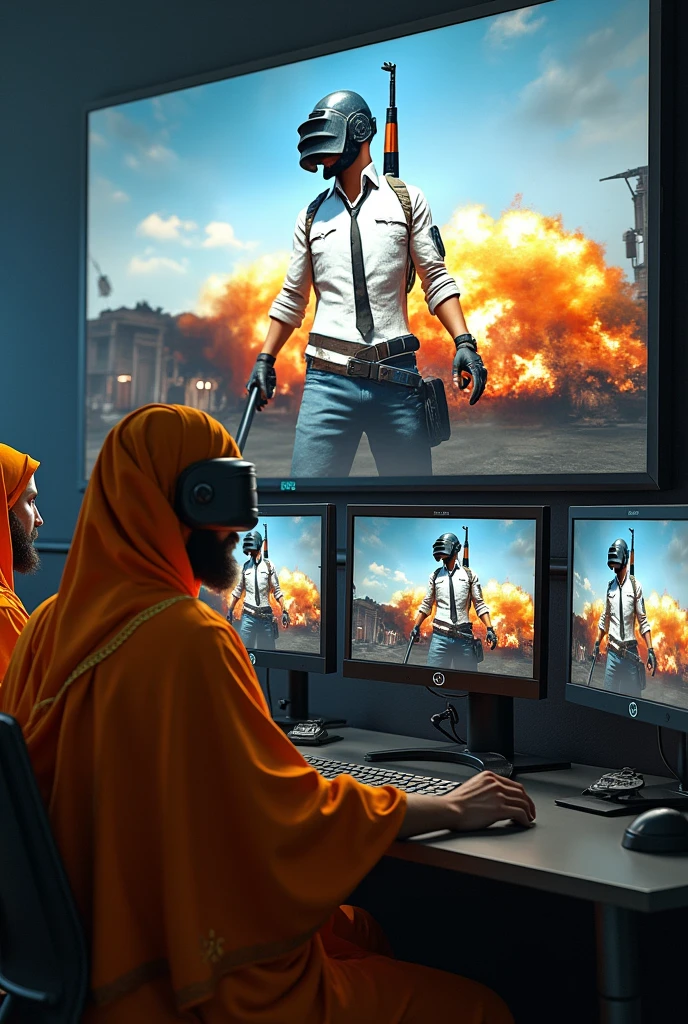 write aghora pubg gamming and show one big screen with 4 army